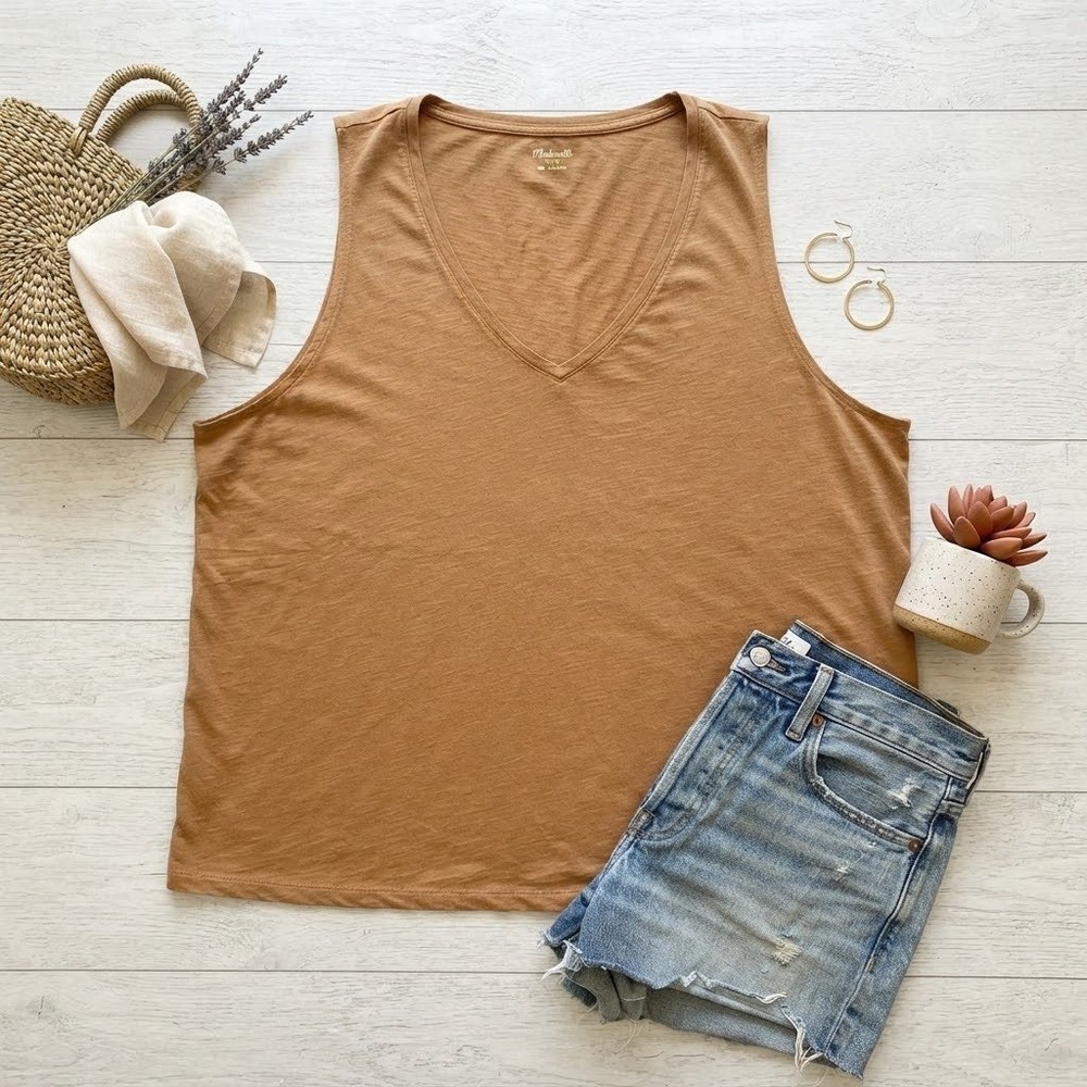 Madewell Whisper Cotton V-Neck Tank Top 3X Mustard Yellow Ochre Slub Sleeveless